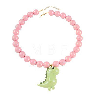 Resin Dinosaur Pendant Pink Round Beaded Necklaces for Women WG6D99C-01-1