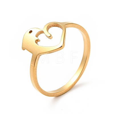 Ion Plating(IP) 201 Stainless Steel Heart with Dolphin Finger Ring for Valentine's Day RJEW-G266-25G-1