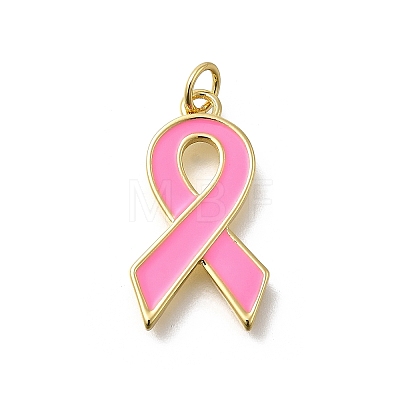 October Breast Cancer Pink Awareness Ribbon Brass Enamel Pendants KK-S517-04F-G-1