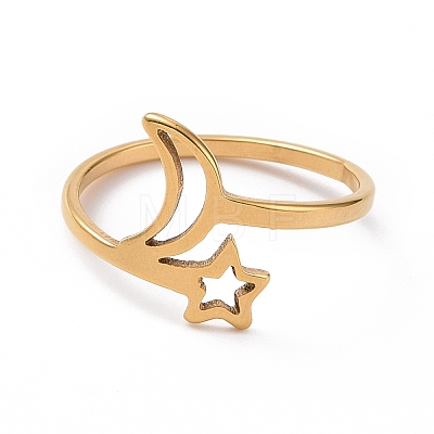 Ion Plating(IP) 201 Stainless Steel Moon & Star Finger Ring RJEW-J051-28G-1