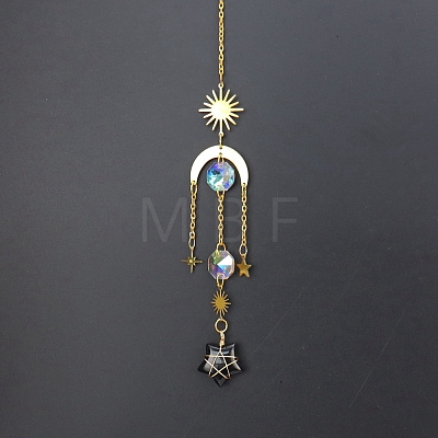 Natural Obsidian Star Sun Catcher Hanging Ornaments with Brass Sun HJEW-PW0002-13D-1