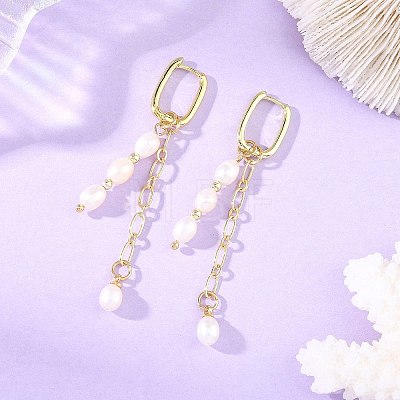 Brass & Natural Pearl Hoop Dangle Earrings EJEW-JE07390-1