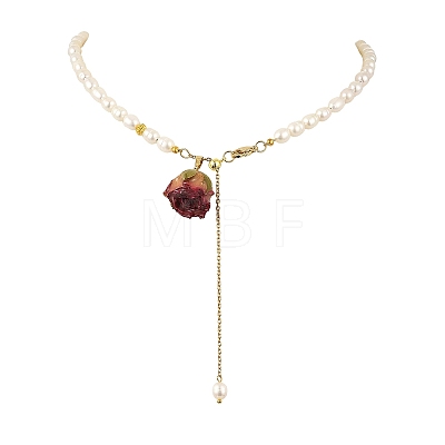 Brass Epoxy Resin Inner Dried Rose Flower Pendant Natural Pearl Beaded Lariat Necklaces NJEW-JN06674-1