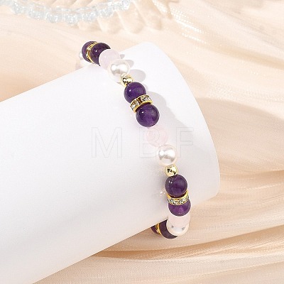 Natural Gemstone & Shell Pearl & Brass Rhinestone Beaded Stretch Bracelets for Girls BJEW-JB14087-1