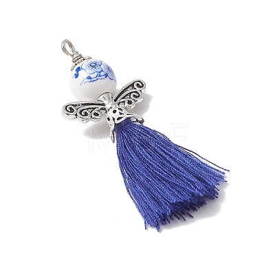 Porcelain Beaded with Polycotton Tassel Big Pendants PALLOY-JF02986-04-1