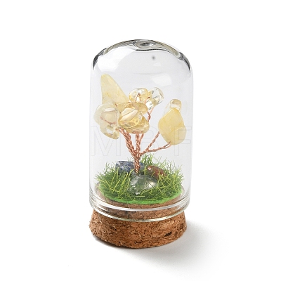 Natural Yellow Quartz Chips Money Tree in Dome Glass Bell Jars with Wood Base Display Decorations DJEW-K030-02H-1