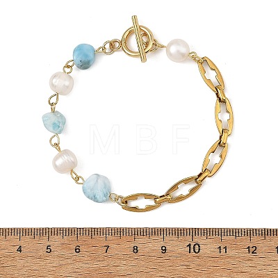 Natural Mixed Gemstone Nuggets and Pearl Beaded Chain Bracelets with 304 Stainless Steel Cross Link Chains and OT Clasps BJEW-JB14436-1