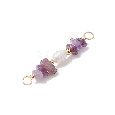 Natural Amethyst Chip & Natural Cultured Freshwater Pearl Rice Beaded Connector Charms PALLOY-JF03707-09-1