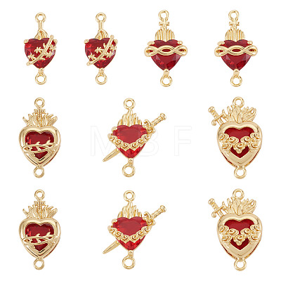 10Pcs 5 Styles Brass with Glass Dark Red Sacred Heart Connector Charms KK-TA0008-63-1