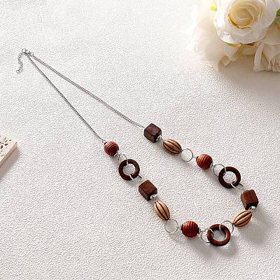 Boho Alloy & Wood & Plastic Beaded Chain Necklaces WGF3883-01-1