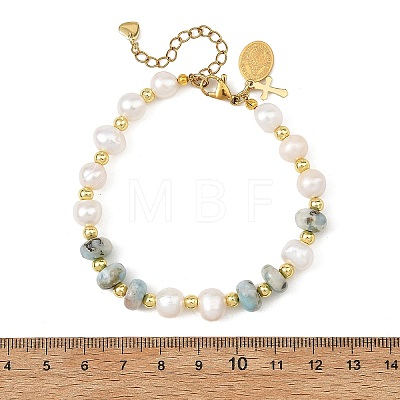 Rondelle Natural Larimar and Potato Natural Cultured Freshwater Pearl Beaded Bracelets BJEW-JB14435-1