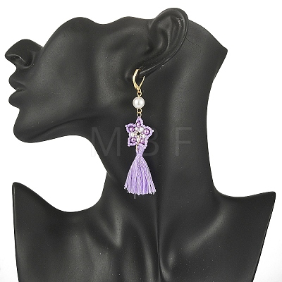 Glass Pearl Beaded Star with Tassel Dangle Leverback Earrings EJEW-MZ00054-1
