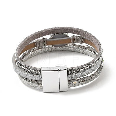 Vintage Leather Bracelet with European and American White Crystal Inlaid Diamonds - Magnetic Buckle. ST5204791-1
