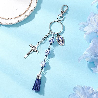 Cross Alloy & Handmade Porcelain Round Pendant Decorations HJEW-JM04644-1