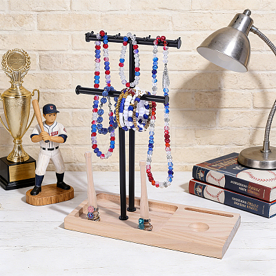 Double Black T Bar Iron Ring Organizer Holder with Wooden Trays ODIS-WH0086-230-1