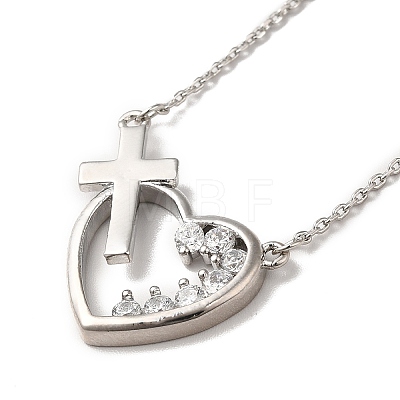 Clear Cubic Zirconia Heart with Cross Pendant Necklace NJEW-Q314-02P-1
