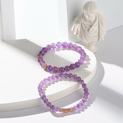 Natural Amethyst Round Beads Stretch Bracelets Set BJEW-JB06980-02-1