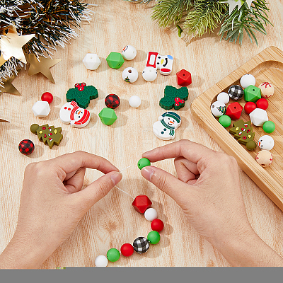 HOBBIESAY 43Pcs 17 Style Christmas Theme Silicone Beads and Wooden Beads SIL-HY0001-24-1