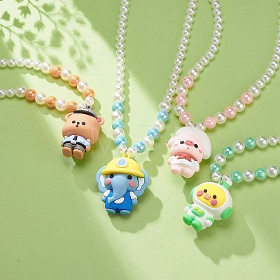 Cartoon Animal Plastic Pendant Necklace with Acrylic Pearl Beaded Chains for Kids NJEW-JN03960-1