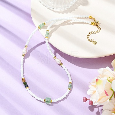 Natural Green Aventurine Heishi Beads & Rice Natural Pearl & Glass Seed Beaded Necklaces NJEW-JN06249-01-1