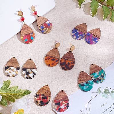 16Pcs 8 Styles Transparent Resin & Walnut Wood Pendants RESI-SZ0001-78-1