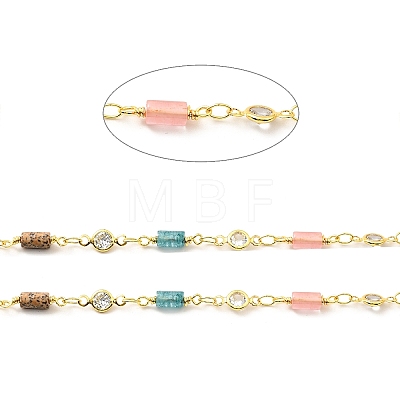 Natural Mixed Gemstone Column & Clear Cubic Zirconia Flat Round Link Chain CHC-G017-01G-1