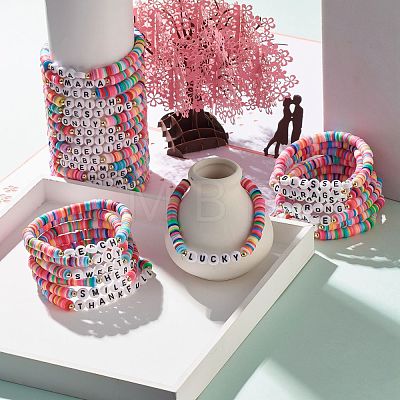 30Pcs 30 Style Polymer Clay Heishi Beaded Stretch Bracelets Set with Inspiration Word BJEW-JB07593-1