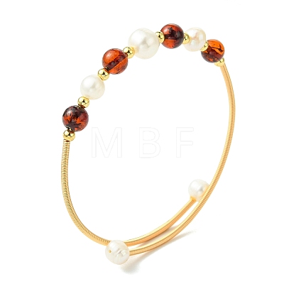 Copper French Wire & Round Natural Amber & Cultured Freshwater Pearl Cuff Bangle for Women BJEW-JB13990-1