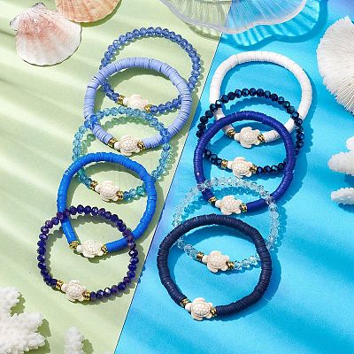 10Pcs 10 Styles Faceted Glass & Handmade Polymer Clay Breaded Stretch Bracelets BJEW-JB10259-1