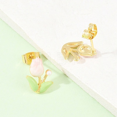 Flower Brass Enamel Stud Earrings EJEW-T051-08B-1