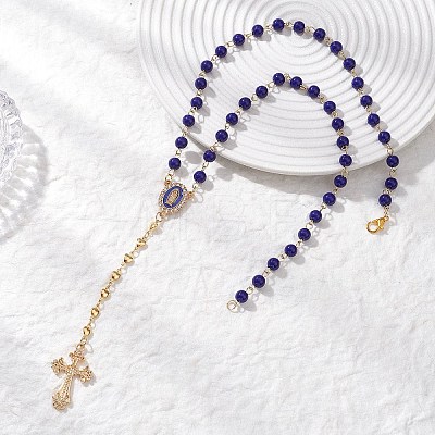 Blue Round Glass Rosary Bead Necklaces NJEW-JN05626-1