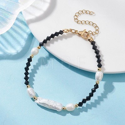 Natural Baroque Keshi Pearl Stick & Bicone Glass Beaded Bracelets for Women BJEW-TA00726-1