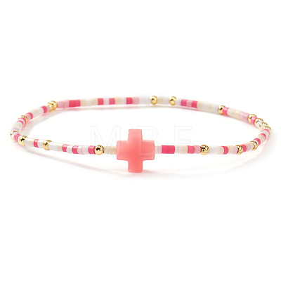 Bohemian Cross Charm Glass Seed Bead & Brass Beads Stretch Bracelet for Women SA4132-9-1