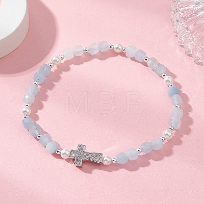 Natural Aquamarine Beaded Stretch Bracelets BJEW-JB13199-04-1