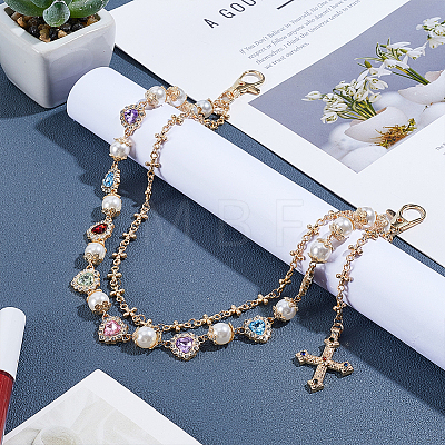 Alloy & Imitation Pearl & Colorful Acrylic Rhinestone Heart Link Double Layer Chains for Pants AJEW-ME0002-81-1