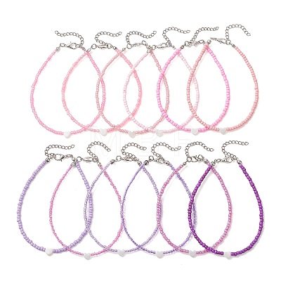 12Pcs 12 Colors Summer Beach Natural Shell Heart with Glass Beaded Anklets AJEW-AN00779-1