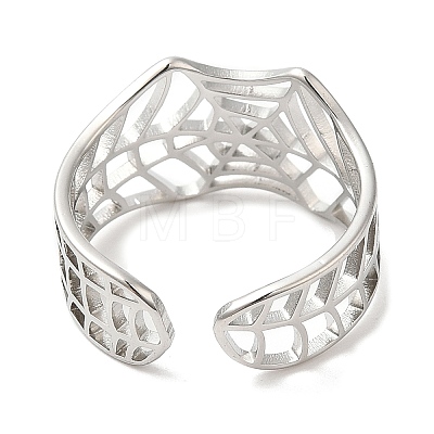 304 Stainless Steel Hollow Spider Web Open Cuff Ring for Women RJEW-M149-25P-1