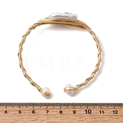 Brass Wire Wrapped Natural Baroque Pearl Cuff Bangles for Women BJEW-D453-02G-1