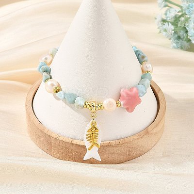 Summer Alloy Fishbone and Natural Shell Fish Charm Bracelets BJEW-JB14438-1