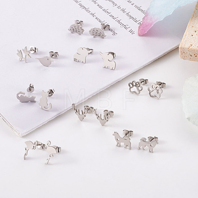 16 Pairs 16 Style Crocodiles & Dog & Swan & Hedgehog & Dinosaur & Bird 304 Stainless Steel Stud Earrings EJEW-CF0001-02P-1