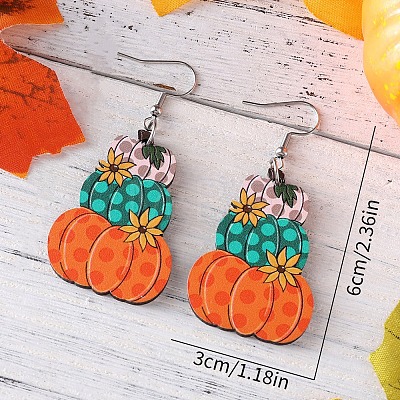 Thanksgiving Day Pumpkin Stainless Steel Wood Dangle Earrings FS-WG285B1-02-1