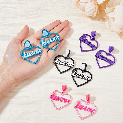 FIBLOOM 4 Pairs 4 Colors Heart with Word Kiss Me Acrylic Dangle Stud Earrings EJEW-FI0002-34-1