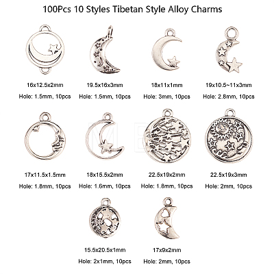 100Pcs 10 Styles Tibetan Style Alloy Ring Pendants TIBEP-CJ0001-47-1