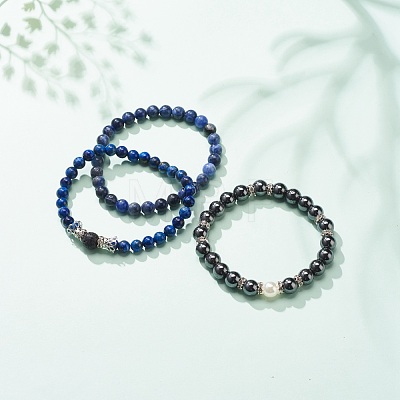 3Pcs 3 Style Natural & Synthetic Mixed Stone Round Beaded Stretch Bracelets Set BJEW-JB08587-1
