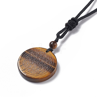 Natural Gemstone Flat Round with Flower of Life Pendant Necklace with Nylon Cord for Women NJEW-P274-02-1