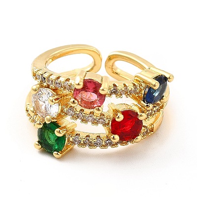 Colorful Glass Open Cuff Ring with Cubic Zirconia KK-H439-05G-1