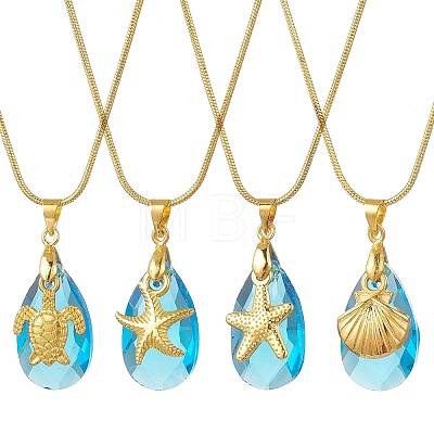 Ocean Alloy Sea Animal and Faceted Glass Teardrop Pendant Brass Round Snake Chain Necklaces for Women NJEW-JN05915-01-1
