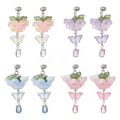 Flower with Butterfly Glass & Acrylic Dangle Stud Earrings EJEW-TA00788-1