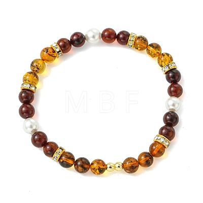 Nautral Amber & Shell Pearl Round Beads Stretch Bracelets for Women BJEW-JB13897-1