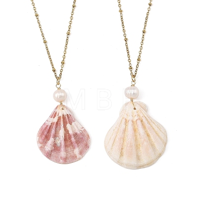 Natural Scallop Shell Pendant 304 Stainless Steel Satellite Chain Necklaces with Natural Pearl NJEW-JN06547-1